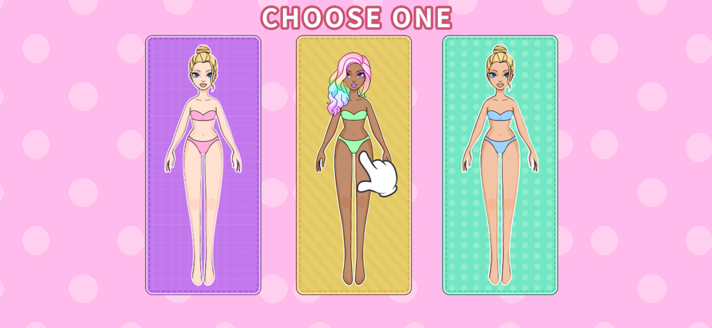 A selection screen in a paper doll game showing three different doll characters with a hand cursor picking the middle one