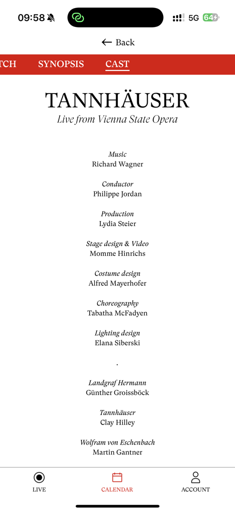Besetzungs- und Produktionscredits für die Oper Tannhäuser in der mobilen App der Wiener Staatsoper Live