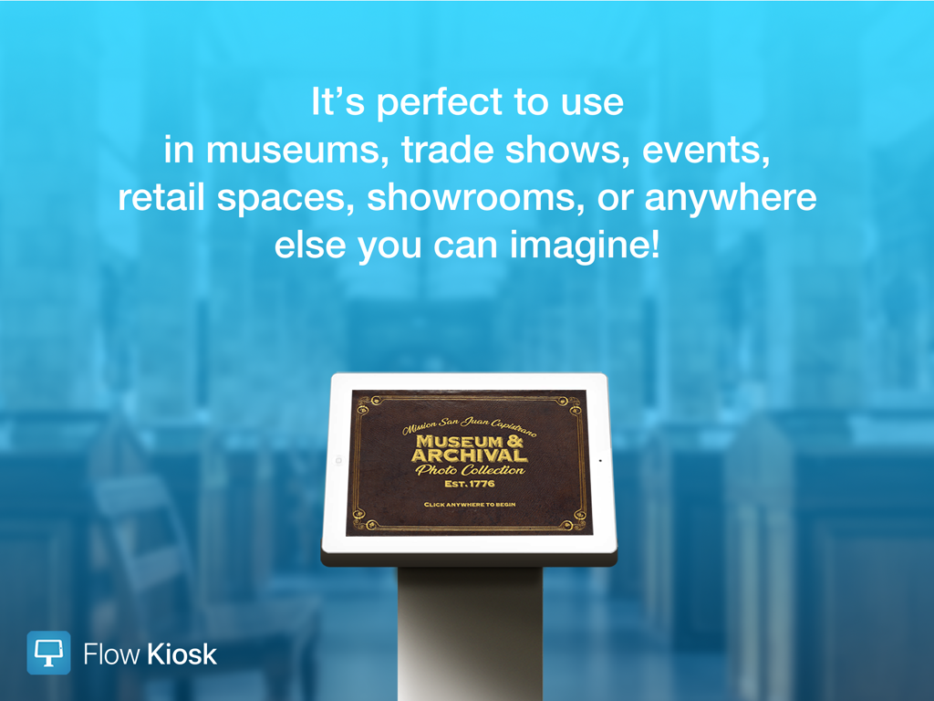 Flow Kiosk: Offline iPad Kiosk - An iPad kiosk stand displaying a museum archival photo collection interface
