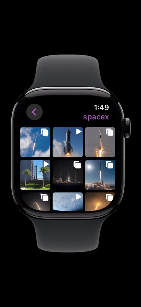 Vista de cuadrícula del perfil de Instagram en la app Lens for Watch mostrando publicaciones de SpaceX en una pantalla de Apple Watch.