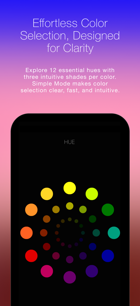 Color Wheel + Osmosi AI - クイックカラー選択のための12の基本的な色相を示すカラーホイールアプリのシンプルモードインターフェース。