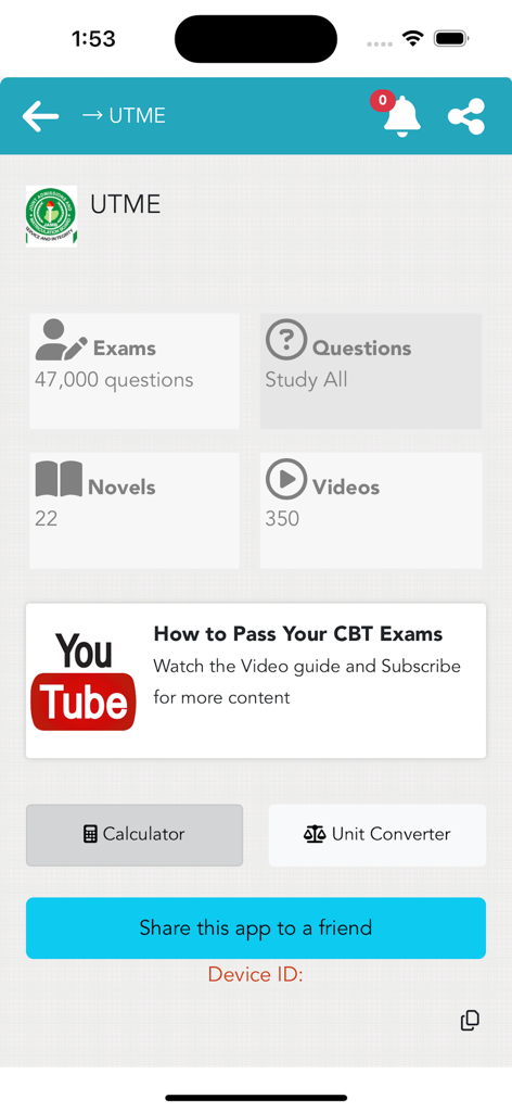 Menú de la aplicación ePractice CBT que incluye recursos de preparación para el examen UTME, como preguntas y novelas