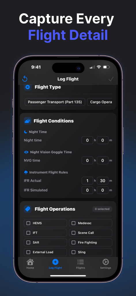 Mobile app screen for logging helicopter flight details including night vision goggles and specialized missions like HEMS and SAR