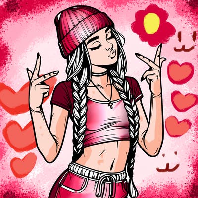 realistic teenage girl with braids and a beanie and crop top doing 🫶🏼