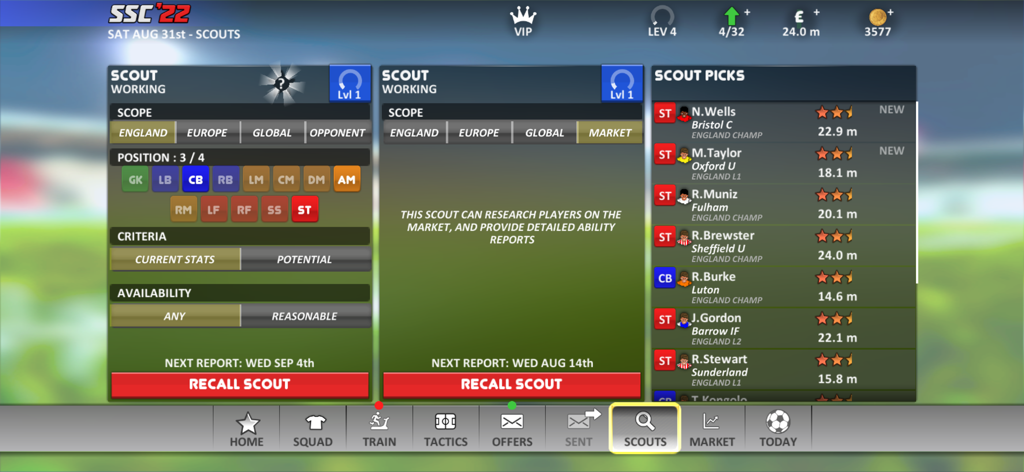SSC '22 - Super Soccer Champs - Player scouting menu in SSC 22 showing market research and scout picks list