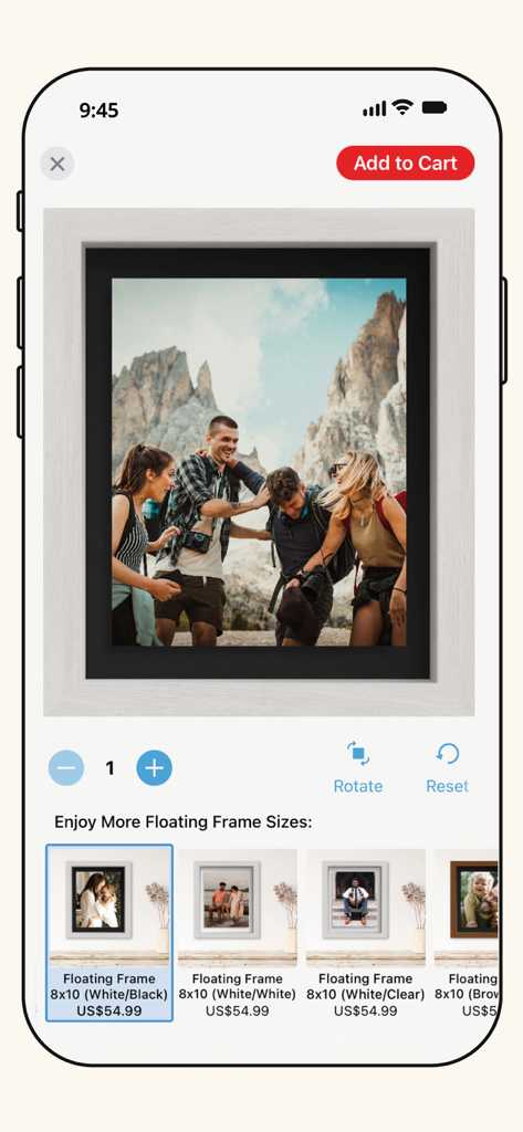 Printicular app interface showing floating frame customization for photo prints