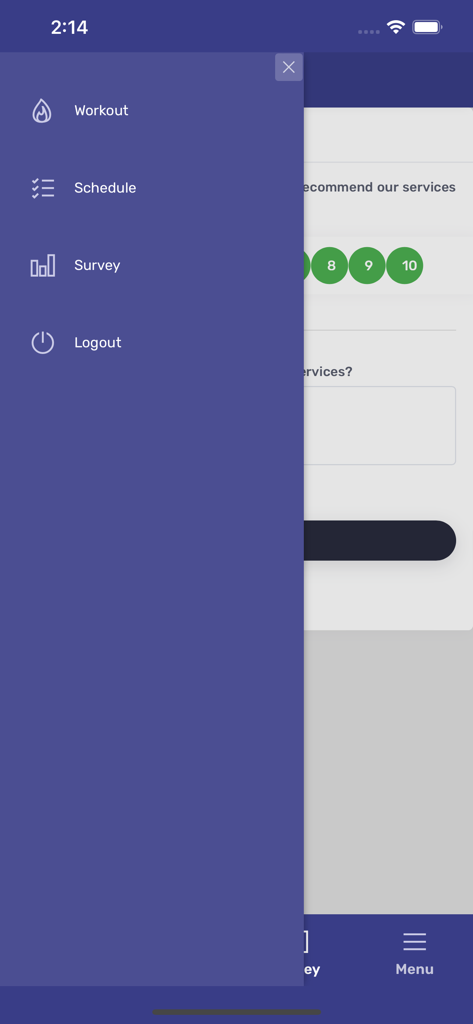 Cloud Gym EUR - Side navigation menu of the Cloud Gym EUR mobile app showing workout schedule and survey options