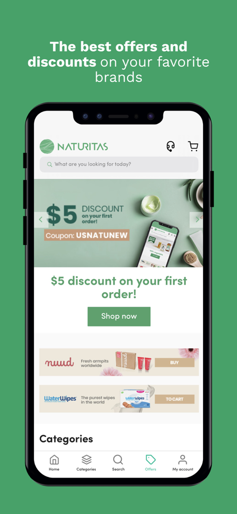 Naturitas: Natural Health - Naturitas app home screen showing a five dollar discount offer for first time orders