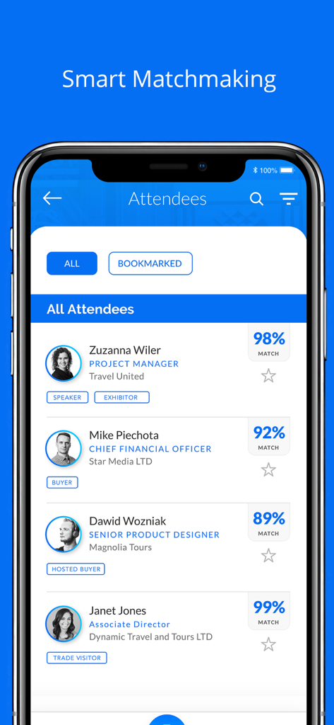 SnapCard - OTM BLTM Event App - Attendee profile list with AI match percentages for event networking