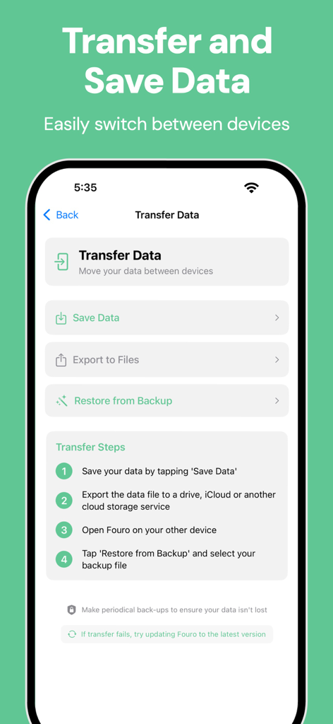 Fouro: Track Grades, GPA - Interface of the Fouro app showing options to transfer and save student data across devices