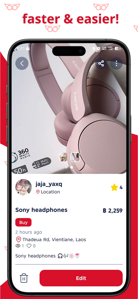 UNI MarketHub - A product listing for Sony headphones on the UNI MarketHub marketplace app showing price and seller details.