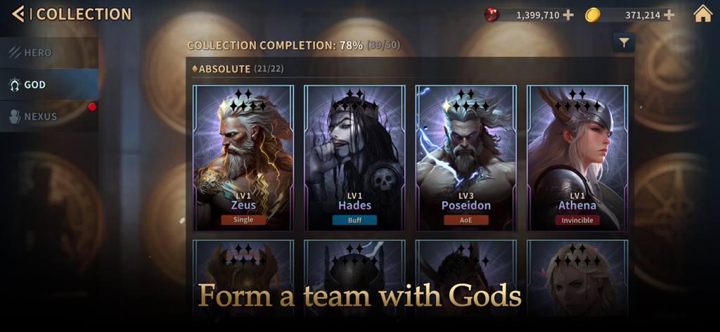 Gods Raid : Team Battle RPG - A collection menu from the game Gods Raid featuring mythical gods including Zeus, Hades, Poseidon, and Athena with their levels and roles.