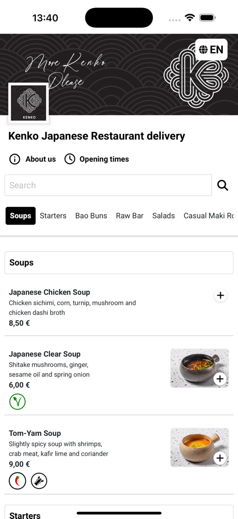 Kenko Food & Deli - Menu screen of the Kenko Food and Deli app showing a variety of Japanese soups including chicken and tom yam