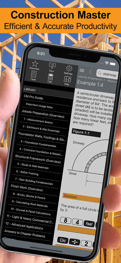 Construction Master Pro Guide - A hand holding a smartphone displaying the Construction Master Pro Guide app with construction math examples and a library of jobsite topics