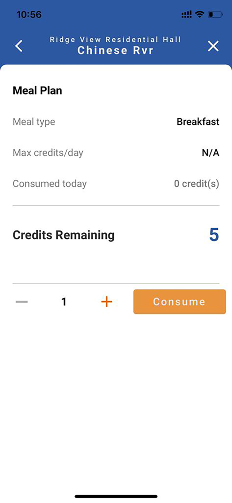 NUS Hostel Dining app interface showing meal plan details and remaining credits