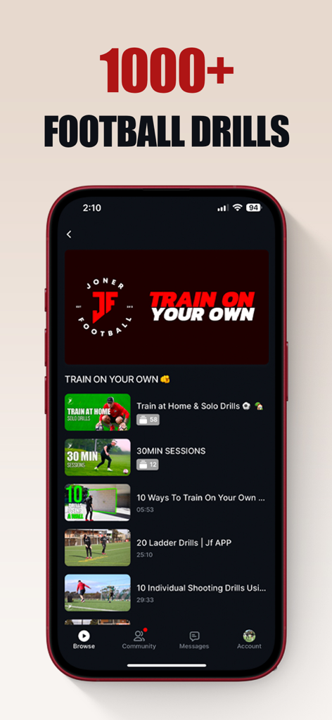 Joner Football App - Interfaz de la Joner Football App que muestra varias categorías de entrenamiento de fútbol y ejercicios individuales.