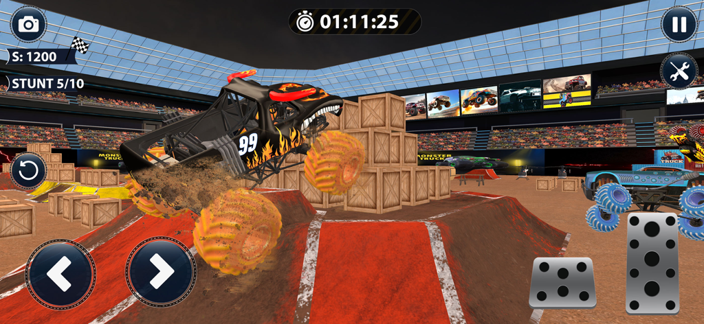 Monster Truck 4x4 Mania Racing - Un monster truck negro con calcomanías de llamas realiza un salto acrobático sobre cajas en una arena de carreras cubierta.