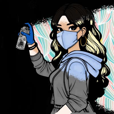realistic girl with mask spray painting a wall