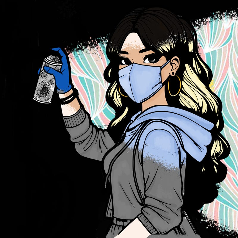 realistic girl with mask spray painting a wall