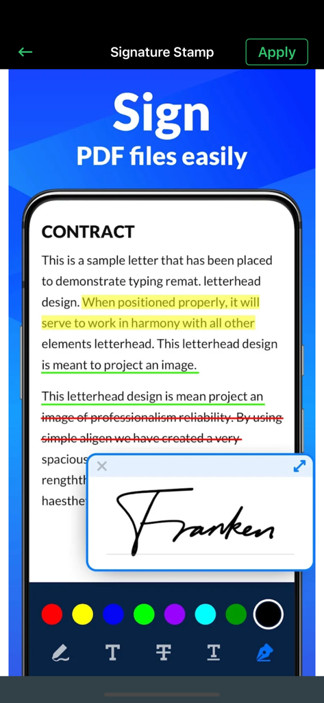 PDF Scanner- App for Documents - Interface of PDF Scanner app showing a digital signature on a contract document with annotation tools