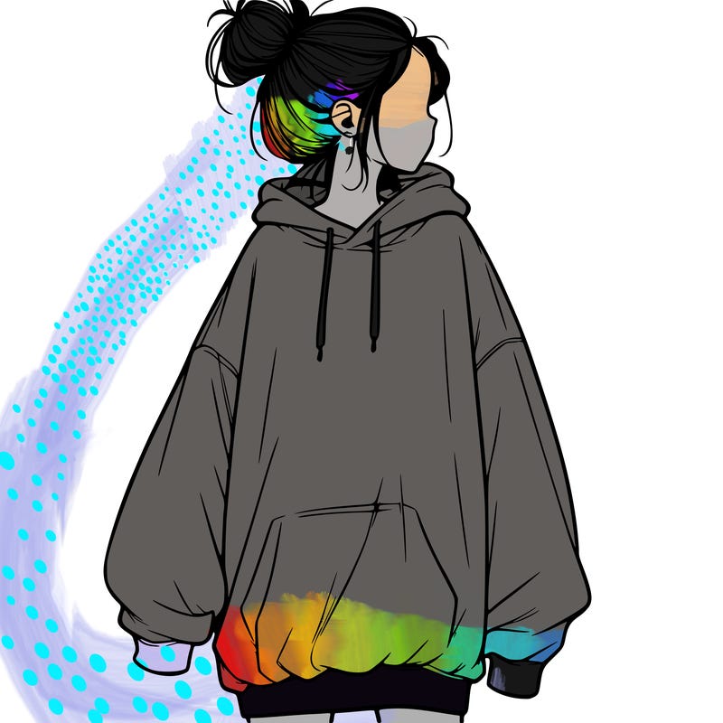 realistic girl with a oversized sweatshirt on and a bun