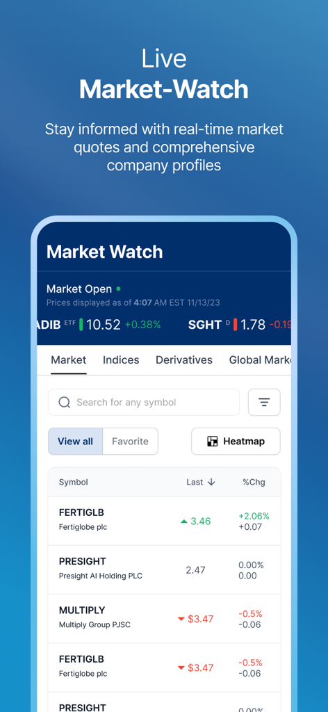 ADX Mobile - ADX Mobile app interface showing the live market watch screen with real-time stock quotes and company profiles