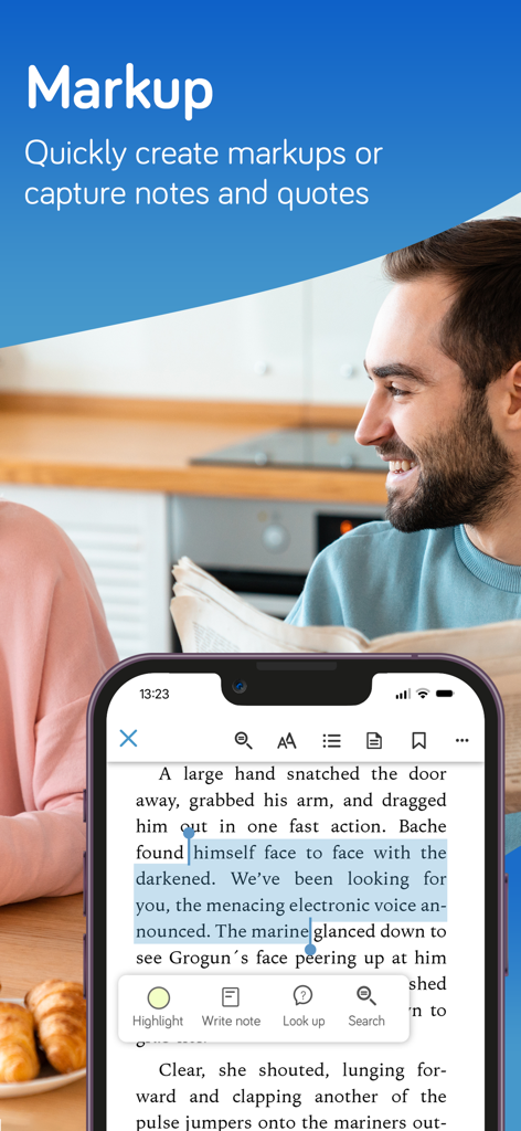 tolino - eBooks & audiobooks - tolinoアプリの画面に、電子書籍のテキストハイライトとメモ機能が表示されています。