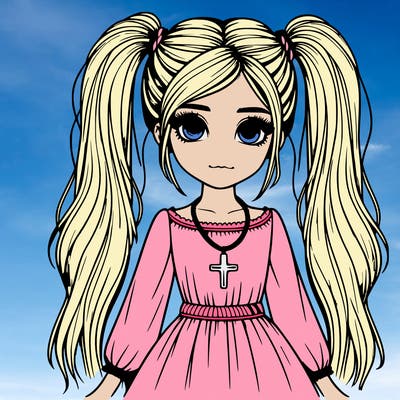 realistic girl with long pigtails wearing a dress with a cross necklace
