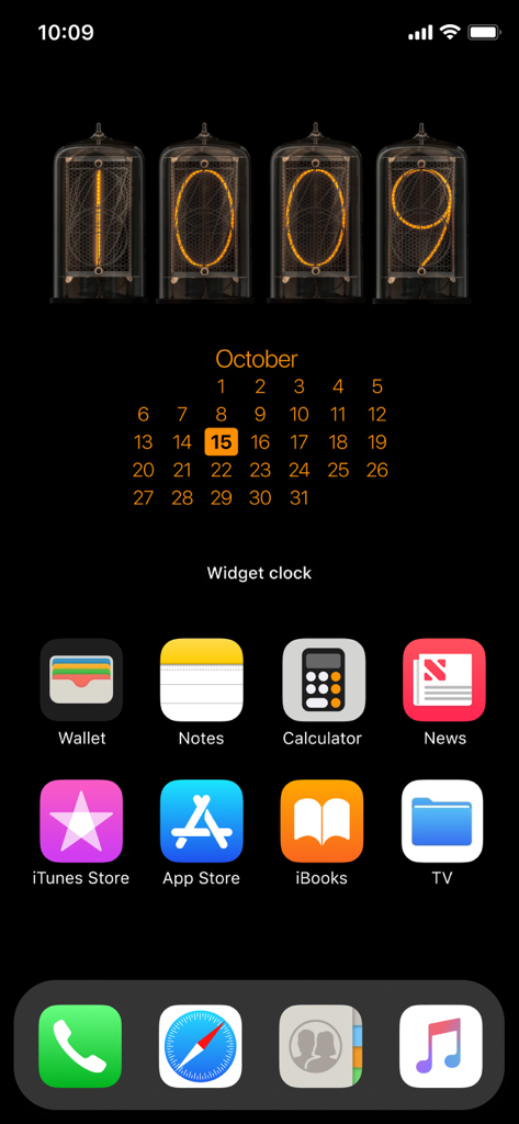 Pantalla de inicio estética de iPhone con un reloj digital vintage de tubo Nixie y un widget de calendario mensual