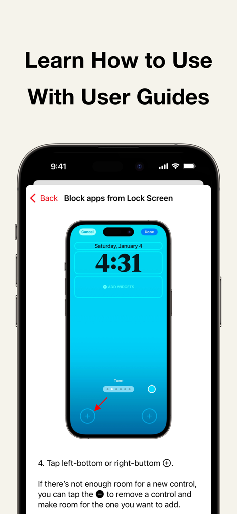 Guia do usuário explicando como adicionar controles de bloqueio do AppStops à tela de bloqueio do iPhone