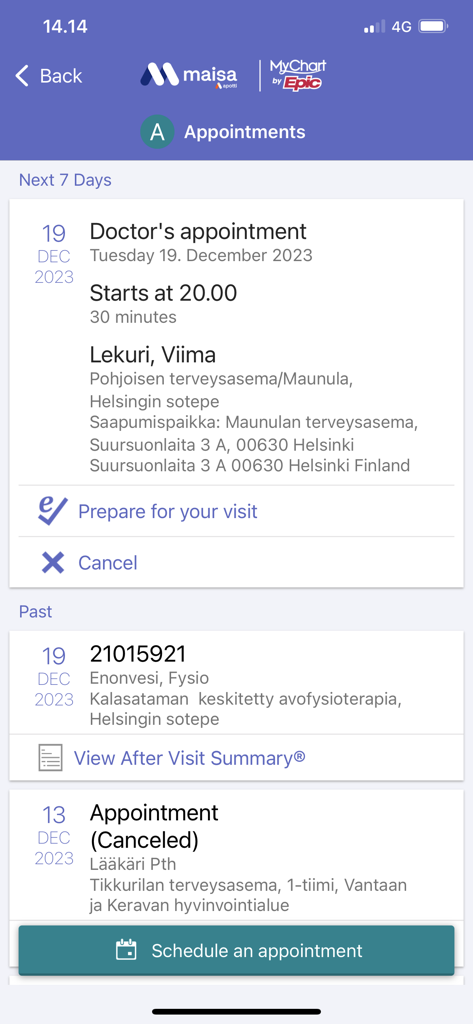 Maisa - A screenshot of the Maisa app showing a list of upcoming and past medical appointments with scheduling options.