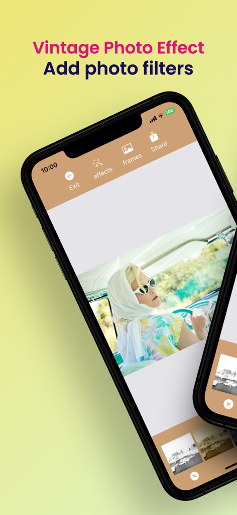 photo filters - vintage effect - Eine mobile App-Oberfläche, die einen Vintage-Fotofilter zeigt, der auf ein Retro-Bild einer Frau angewendet wird