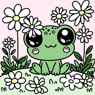 kawaii frog around daisies with a daisy in the ear