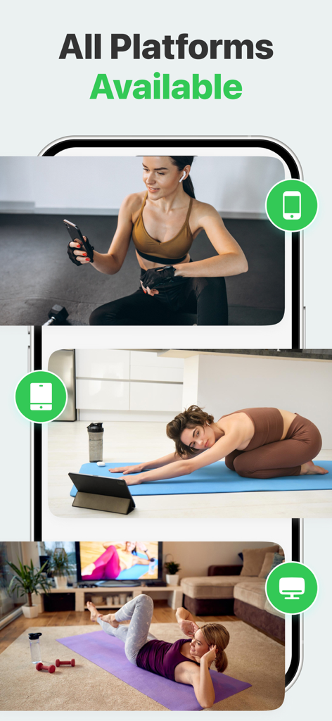 7 Minute Workout: Exercise App - Eine Collage, die Frauen zeigt, die die Fitness-App auf einem Smartphone, Tablet und Fernsehbildschirm für Heim- und Fitnessstudio-Workouts verwenden.