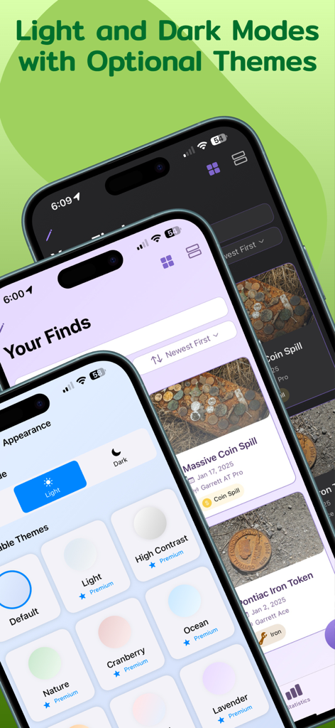 Treasure Tracker - Treasure Tracker app screenshots showing light and dark modes and various color themes