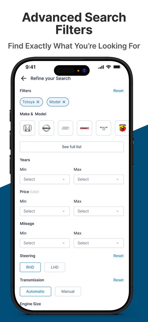 Pantalla de filtros de búsqueda avanzada en la aplicación Sat Japan para seleccionar marca, modelo, año y transmisión del coche.