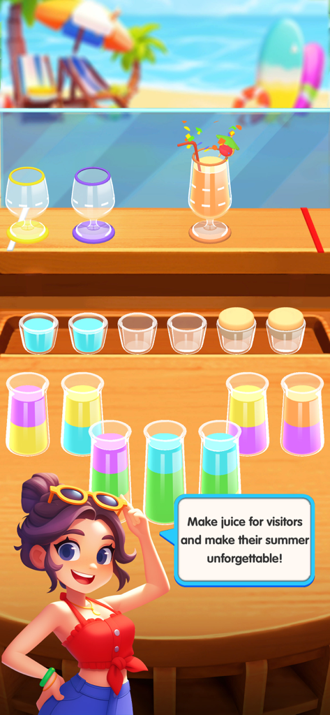 Juice Craft - Water Jam Master - Una chica de dibujos animados explica cómo preparar jugos para los visitantes en un nivel con temática de playa de Juice Craft