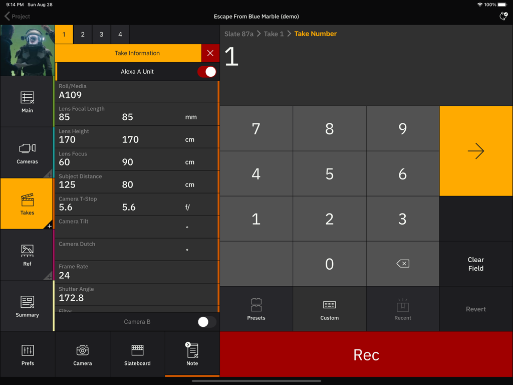 Setellite - VFX data entry interface on Setellite iPad app showing camera and lens settings
