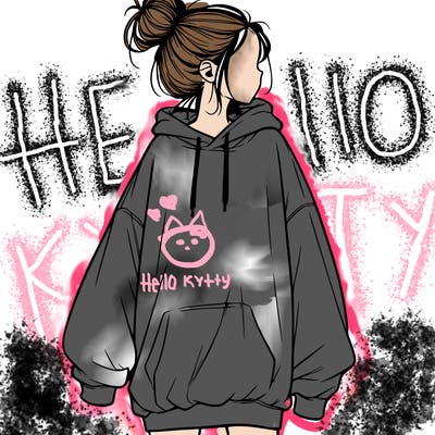 realistic girl with a oversized sweatshirt on and a bun