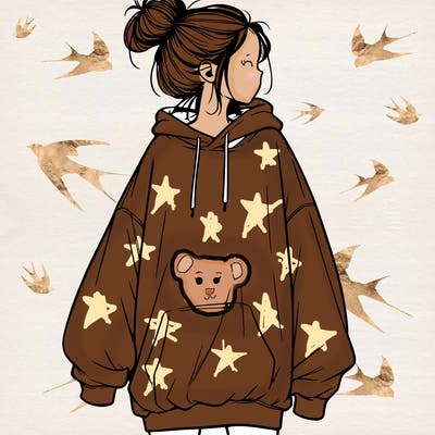 realistic girl with a oversized sweatshirt on and a bun