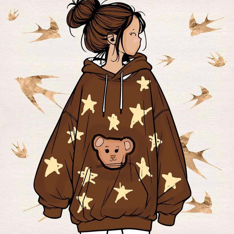 realistic girl with a oversized sweatshirt on and a bun