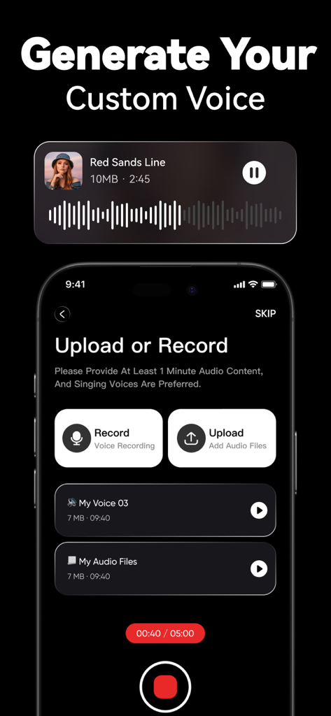A mobile app interface displaying options to upload or record audio to generate a custom AI voice.