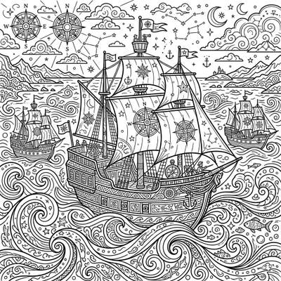 Dive into a world of discovery with this captivating coloring page featuring grand exploration vessels. Bring to life the detailed ships, swirling ocean waves, and celestial navigations as you color.