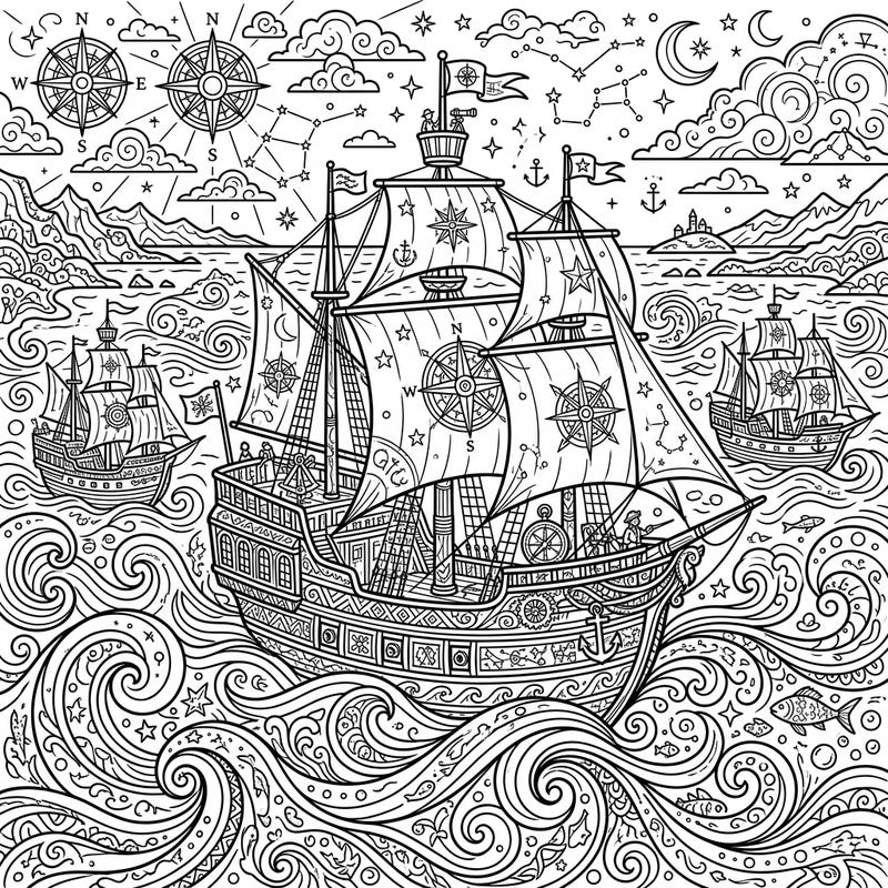 Dive into a world of discovery with this captivating coloring page featuring grand exploration vessels. Bring to life the detailed ships, swirling ocean waves, and celestial navigations as you color.