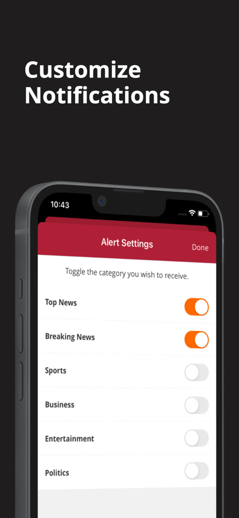 The Press-Enterprise app notification settings screen showing toggles for top news and breaking news alerts