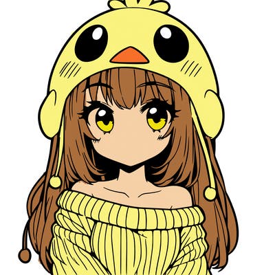 anime girl with chick shaped hat with sweater with bare shoulders with bangs covering them one eye with low tail