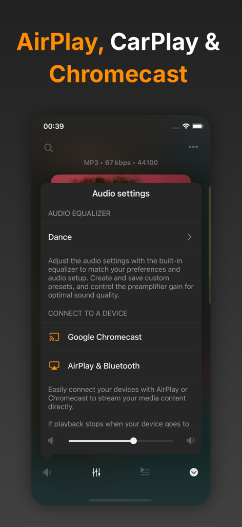 Flacbox: Hi-Res Music Player - Menú de ajustes de audio de Flacbox que muestra las opciones de conexión para AirPlay y Google Chromecast