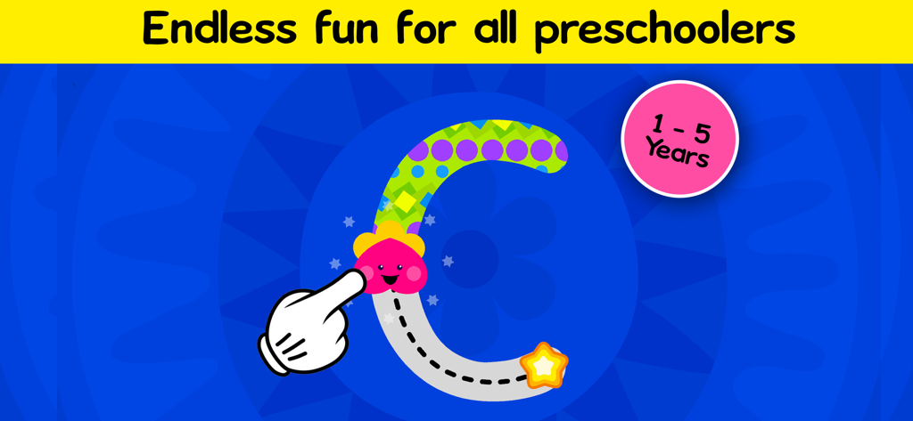 Una mano de dibujos animados trazando una letra C colorida en una aplicación educativa para niños de 1 a 5 años.