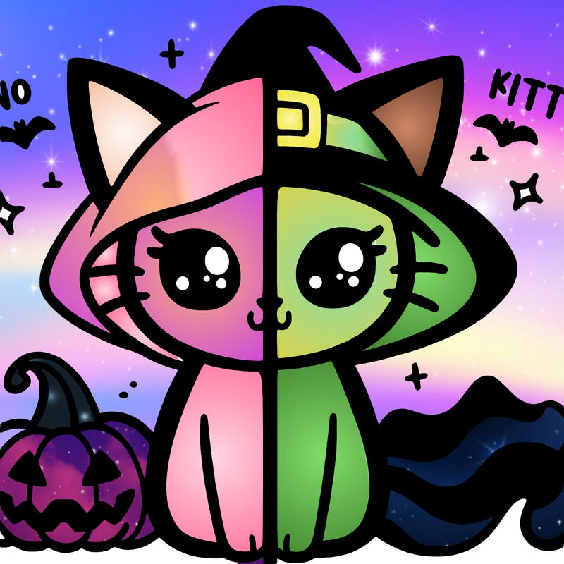 a spilt of a halloween cat and a normal cat