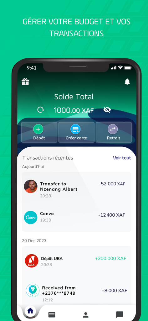 PaySika app interface displaying total balance and a list of recent transactions like transfers and deposits
